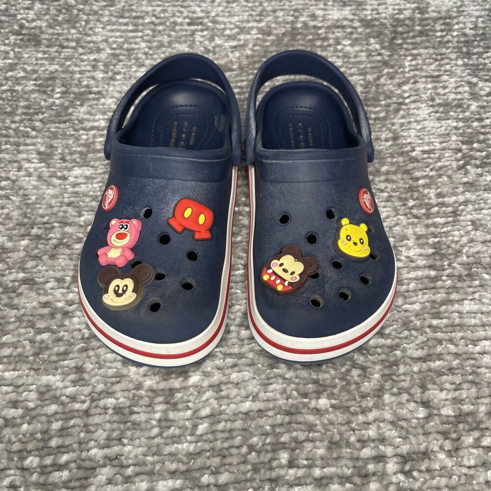 Crocs Clog Navy White & Red with Removable Characters Preowned Sz 13